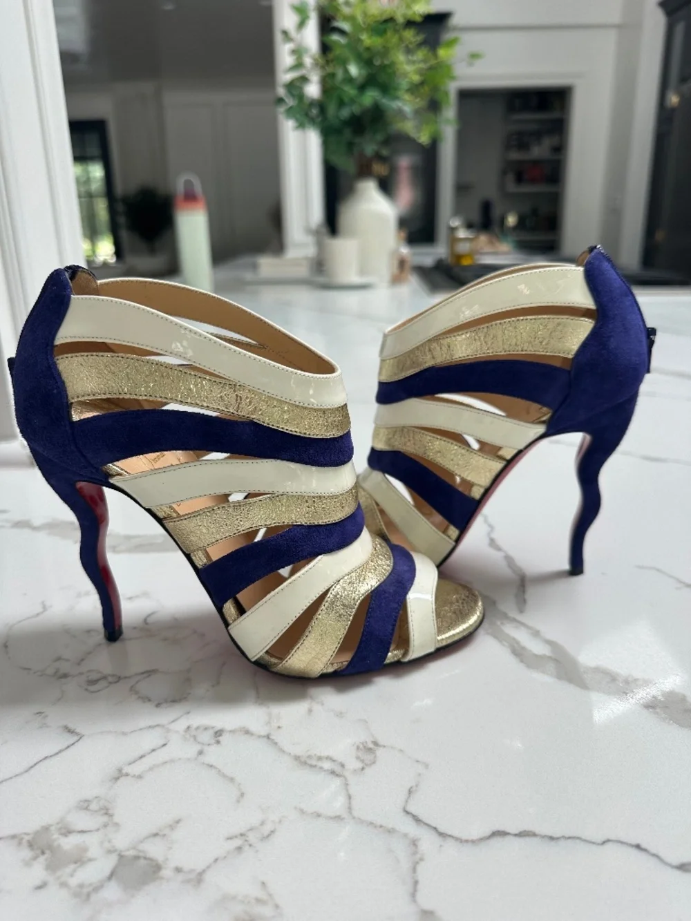 Christian Louboutin Purple/White/Gold Open-Toe Bootie Heel 36 Sz